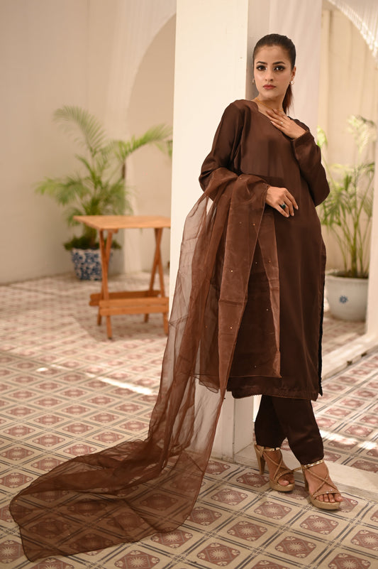 Silk Dark Brown Long Shirt Style ( 3 Pieces )