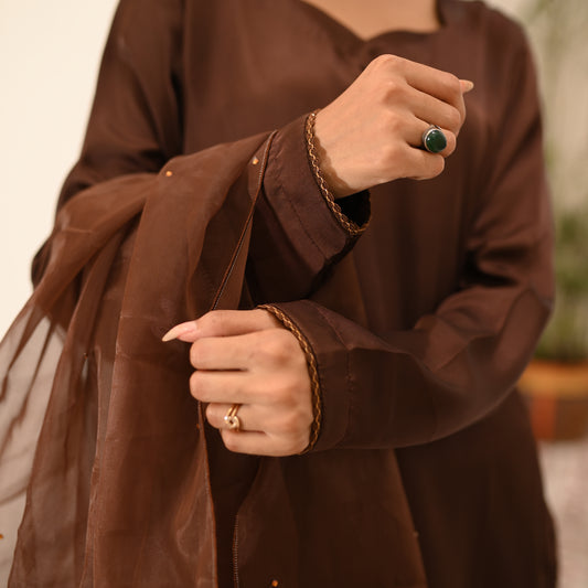 Silk Dark Brown Long Shirt Style ( 3 Pieces )