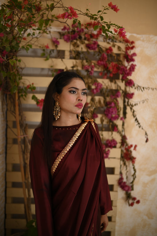 Garnet Elegance – Deep Maroon Satin Saree