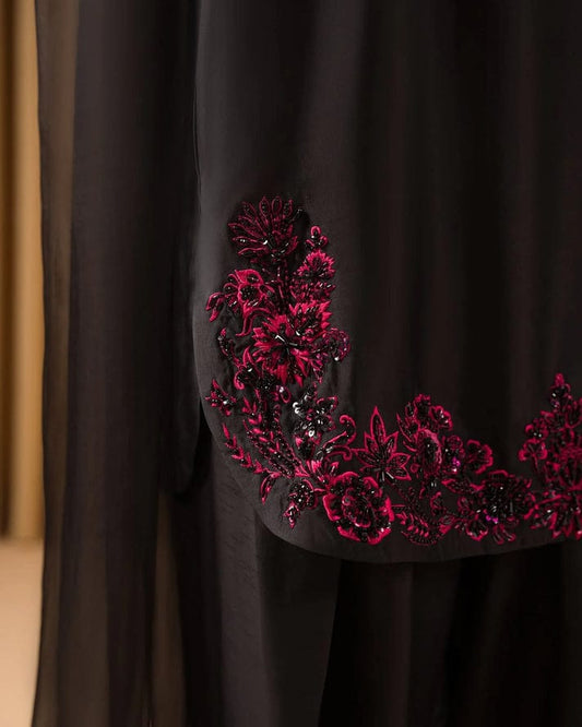 Midnight Rose – Black Embroidered 3-Piece Silk Suit | Stitched