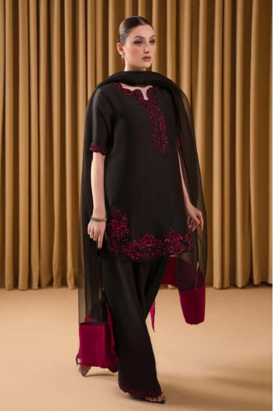Midnight Rose – Black Embroidered 3-Piece Silk Suit | Stitched